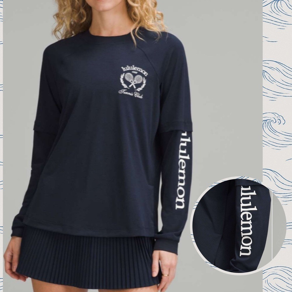 Lululemon Tennis Club Layered Long Sleeve True Navy White Size 12 NWT UPF 40+ - Picture 2 of 8